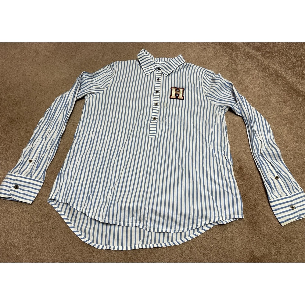 Tommy Hilfiger Denim Striped Button Down Shirt Blue & White Long Sleeve Women S